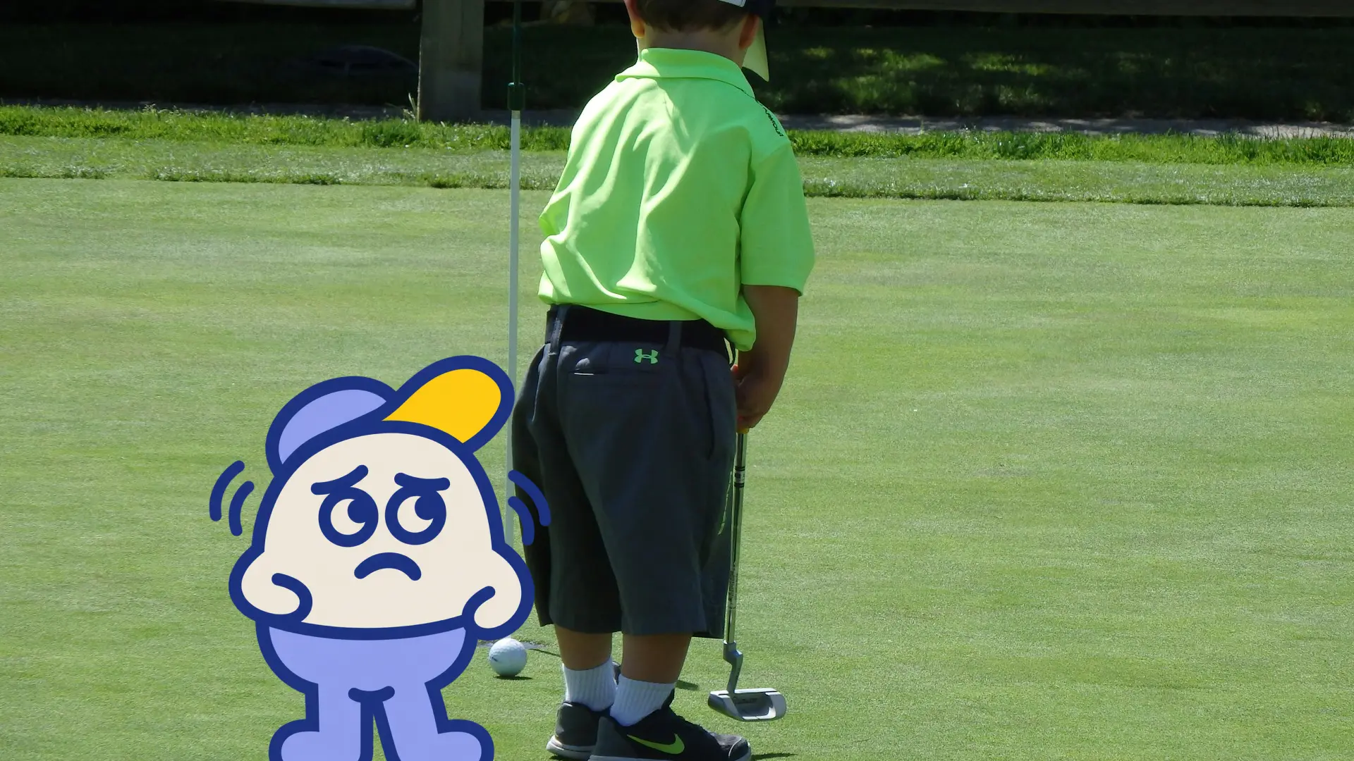 A young golfer on a putting green with a putter that is too long, next to a worried Archie